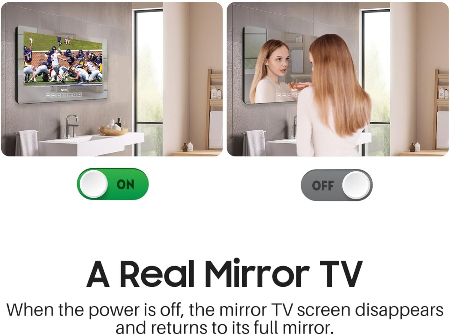 SYLVOX 24 inch Bathroom TV, 1080P Smart Mirror TV Google System NTSC & ATSC Tuner Support WiFi Bluetooth 500 nits High Brightness, IP66 Waterproof TV for Bathroom Bathtub Hotel Shower Spa (Wall Mount)