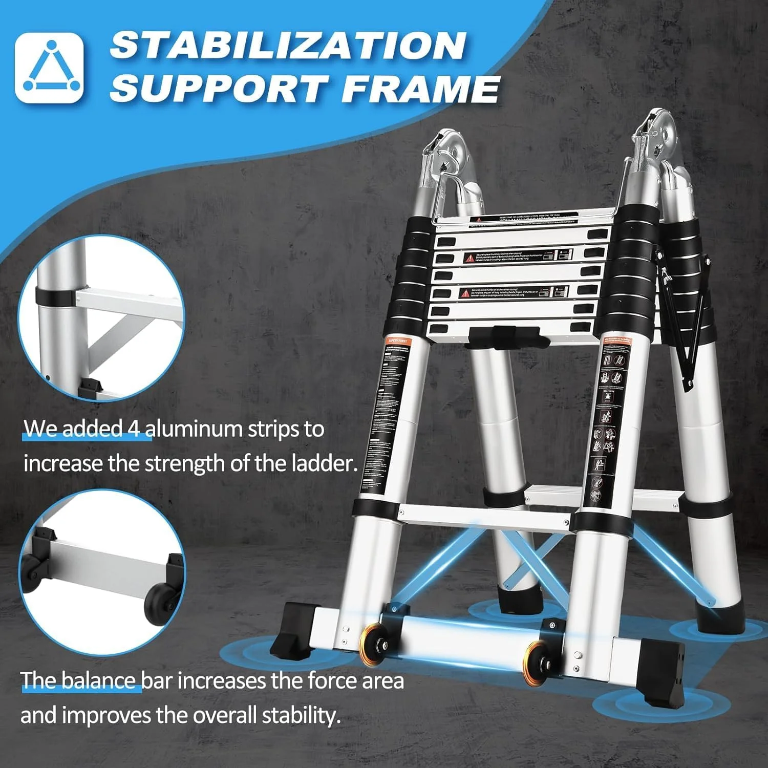 16.5 Ft Telescoping Ladder, A Frame Extension Ladder, Portable Collapsible RV Ladder with Wheels, Stabilizer Bar and , Aluminum Telescopic Ladder for Homework 330lb Capacity