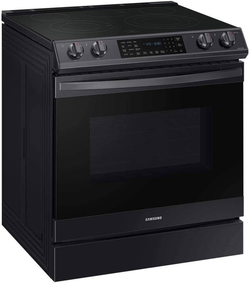SAMSUNG 6.3 Cu Ft Smart Front Control Slide-In Electric Range Kitchen Stove w/ Air Fry, Convention+, Wi-Fi, Large Oven Capacity, NE63T8511SG/AA, Fingerprint Resistant Stainless Steel, Black