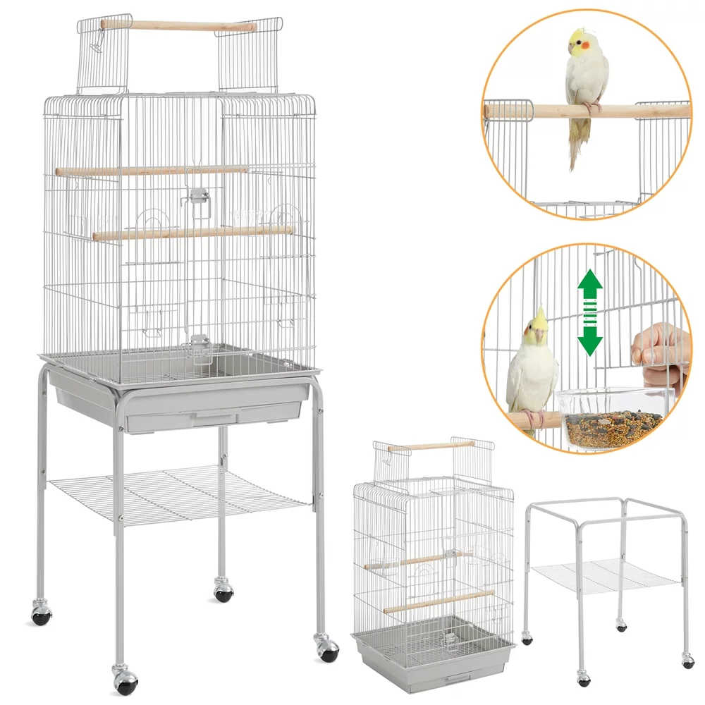 Alden Design 53.5" Metal Rolling Bird Cage with Play Top Stand, Light Gray - Curated Treasures Market