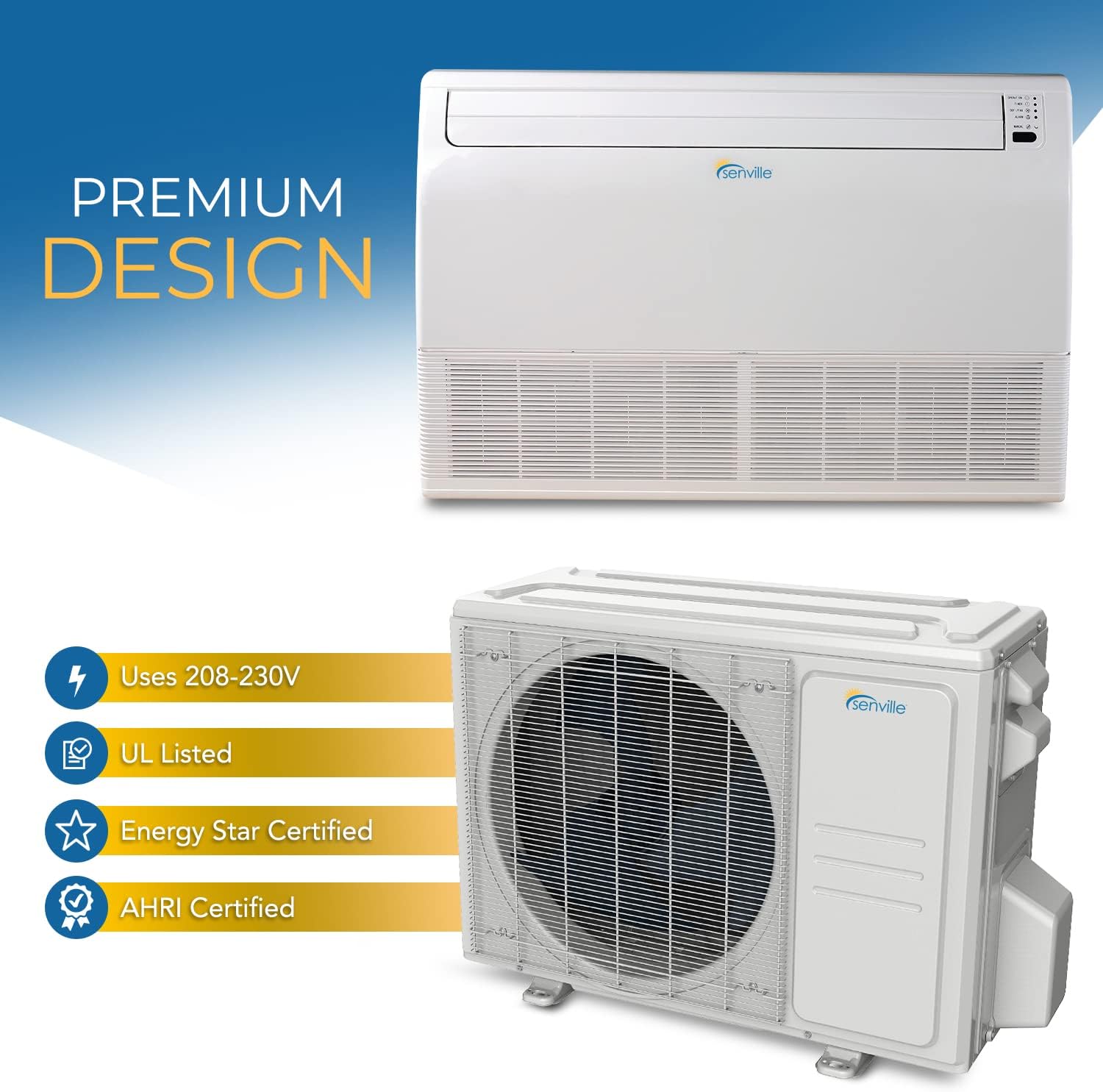 Senville 24,000 BTU Floor Console Mini Split AC/Heating System, Floor/Ceiling Mounted, 16 Ft. Install Kit, 208/230V, White