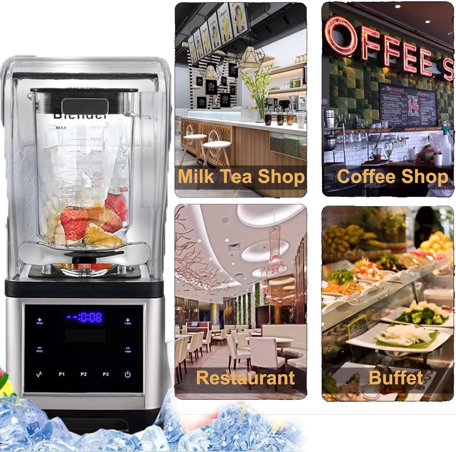 1.8L 2200W Blenders For Kitchen,Commercial Blender With Sound Shield Household High Speed Quiet Blender,Ice Mixer Blender For Make Smoothies,Juice,Soy Milk,Black And Silver Blender