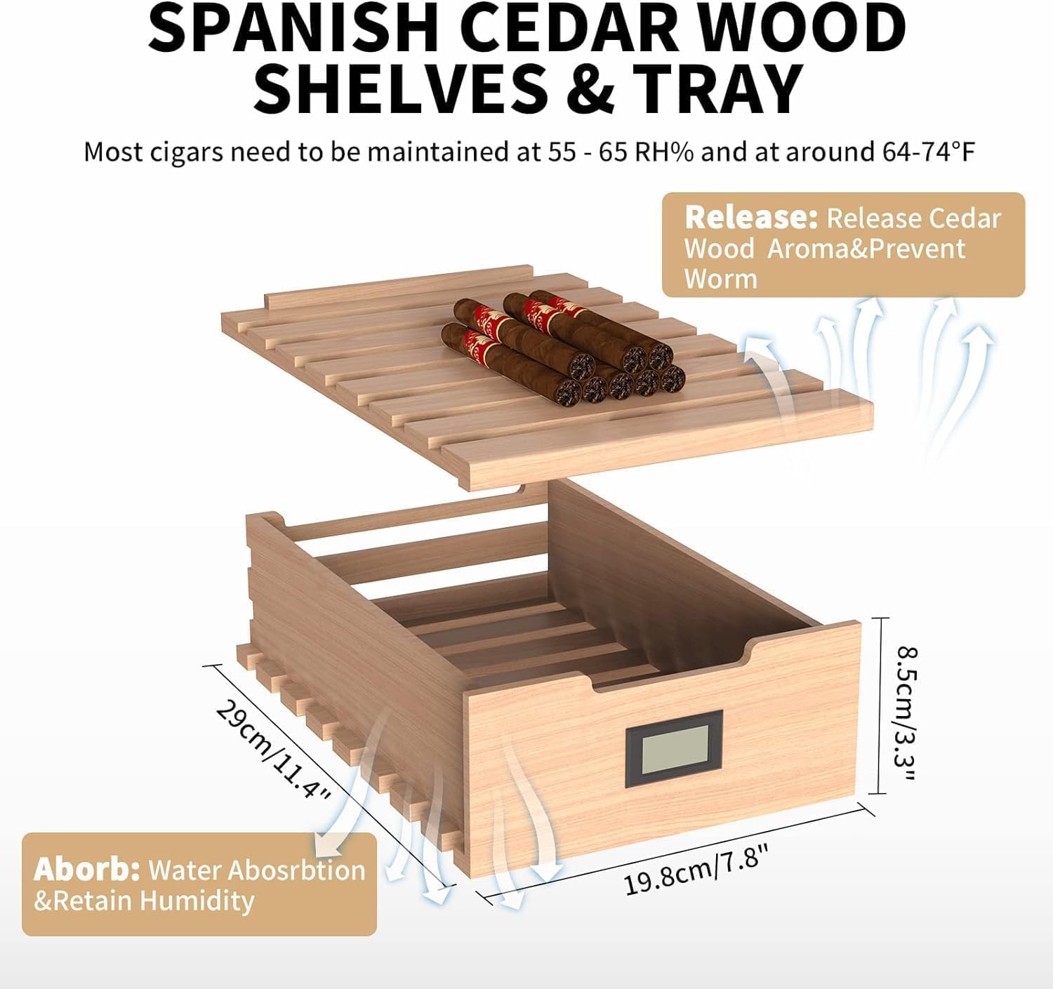NEEDONE Electric Humidor 23L with Heating and Cooling Quiet Control System, Thermostatic Cooler Cabinet for 150 Counts with Spanish Cedar Wood Shelves & Drawer with Hygrometer, Gift for Men