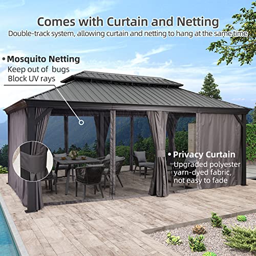 PURPLE LEAF 10' X 14' Permanent Hardtop Gazebo Aluminum Gazebo with Galvanized Steel Double Roof for Patio Lawn and Garden, Curtains and Netting Included, Grey
