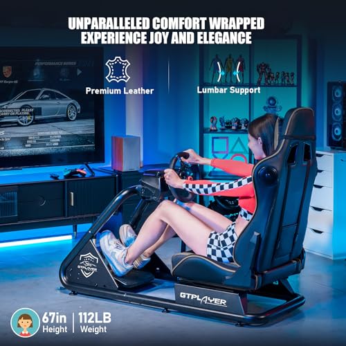 GTPLAYER Racing Simulator Cockpit with Seat and Bluetooth Speakers, Racing Style Reclining Seat and Ultra-Sturdy Alloy Steel Frame, A/B Box (Blue)