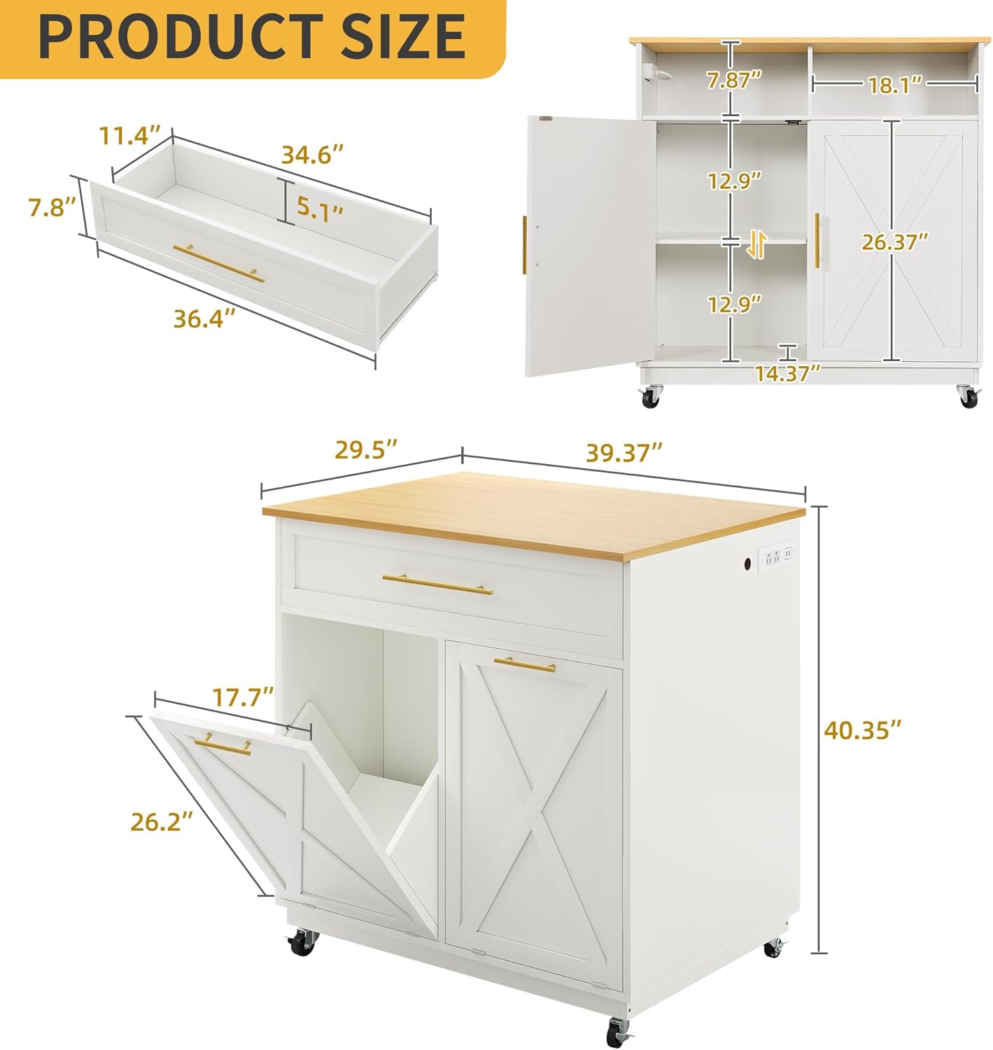 DWVO Square Kitchen Island with Double Tilt Out Trash Can Storage Cabinet, Rolling Portable Islands Table w Power Outlet Wheel Drawer Hidden 10 Gallon Garbage Bin Storage, White Oak