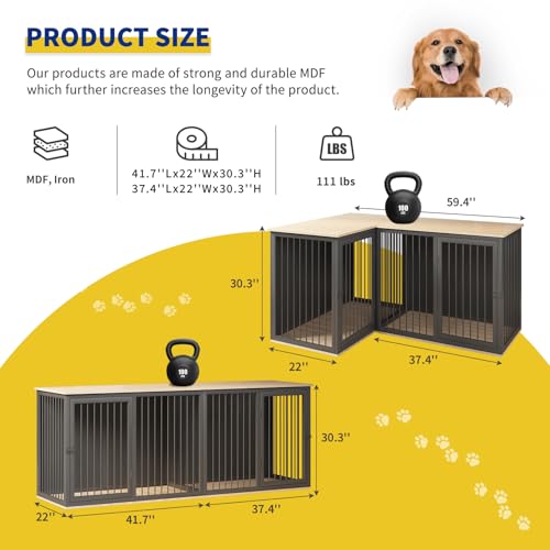 Dog Crate Furniture for 2 Dogs, 79.1" Large Dog Kennel Furniture with Dividers and Double Doors, All Steel Frame Double Dog Crate, 41.7" L X 22" W X 30.3" H, 37.4" L X 22" W X 30.3" H (Black Gray)