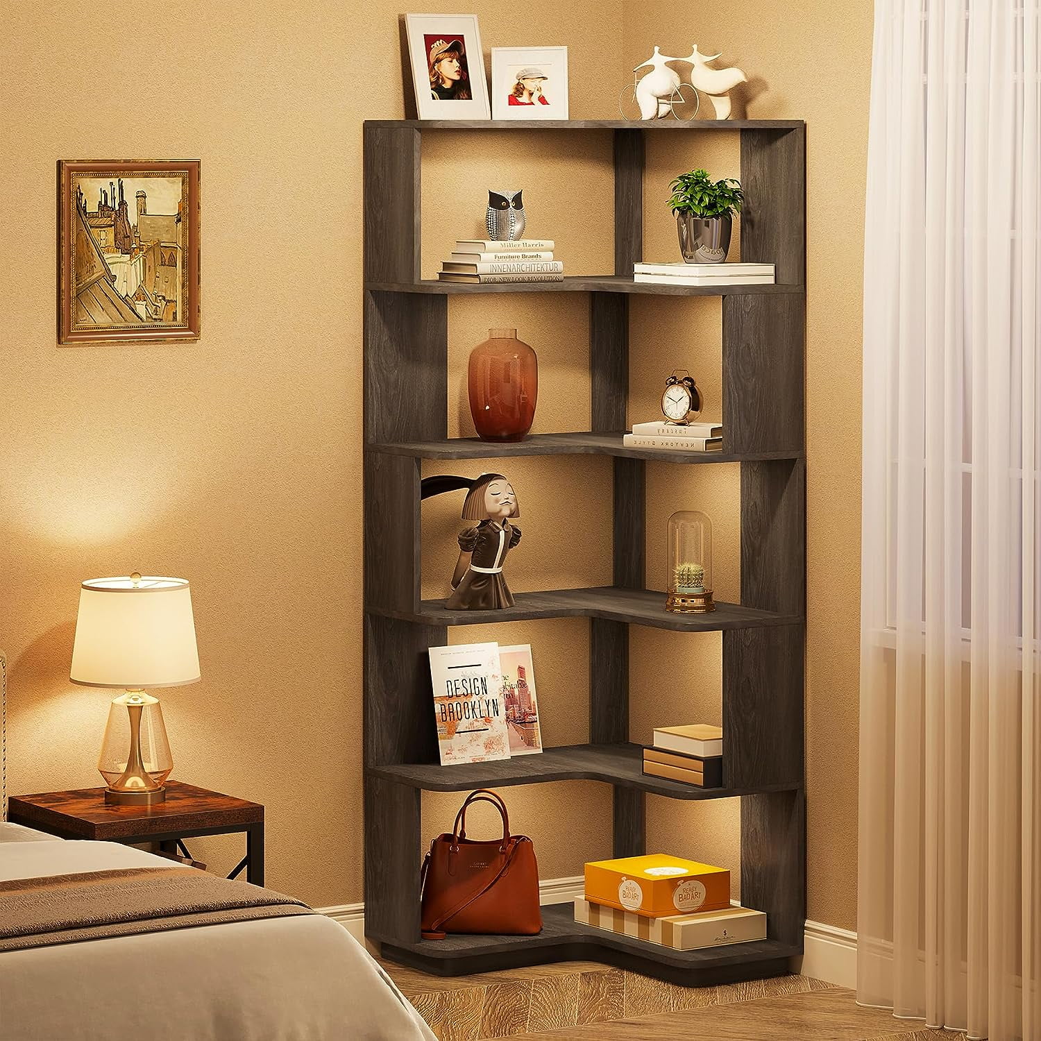Tribesigns 6 Tier Corner Bookshelf, 64.9" Tall Industrial Bookcase with Anti drop Panel, Grey Corner Shelf for Home Office