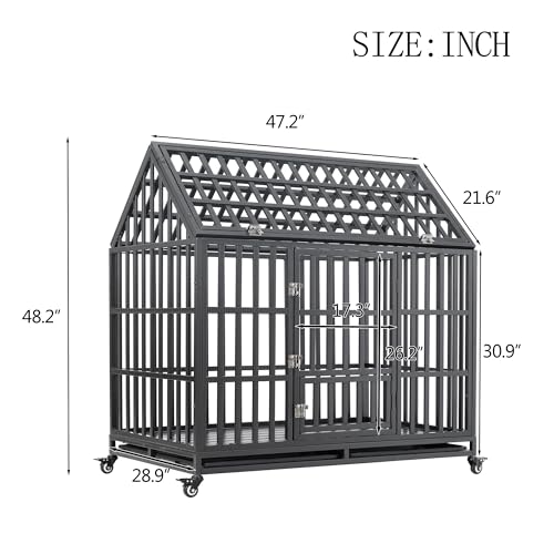 Heavy Duty Dog Crate, Indestructible Metal Dog Kennel with Pointed Roof Lockable Wheels for Medium Large Dogs, with Sturdy Door Lock and Removable Trays, Roof Top Access,48 inch