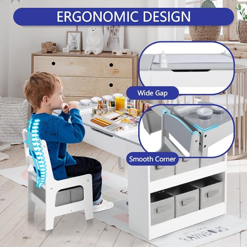 Kinder King Kids Art Table & Easel Chair Set, 3 in 1 Wood Children Activity Table, 6 Storage Bins, Paper Roll, Paint Cups, Toddler Craft and Play Table for Art, Drawing, Reading, Playroom, Natural
