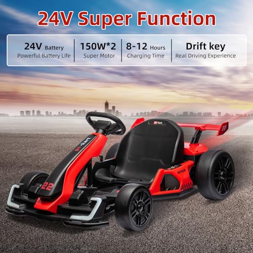 24V Electric Go Kart for Kids，Powerful Drift Kart with Adjustable Seat, 2x150 Motor, 8.5 Mph Speed, 4 Speed Modes, Led Lights, Music, and Honking Horn for Ages 6-12,Red