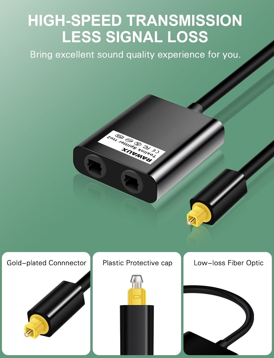 Digital Optical Splitter 1 in 2 Out RAWAUX Toslink Splitter Audio Optical Cable Adapter Fiber Converter 24K Gold Plated Connector for Home Theatre