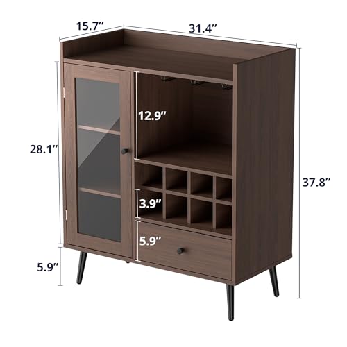 Cozy Castle Coffee Bar Cabinet with Storage, Mid-Century Modern Buffet Sideboard with Acrylic Door, Small Wood Storage Cabinet with Adjustable Shelves, Cupboard for Kitchen, Dining Room, Brown