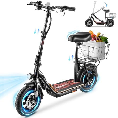 Caroma Peak 800W/1200W Electric Scooter Adults, 30 Miles Max Range, Foldable Electric Scooter with Seat, Front Suspension, Detachable Large Basket,Commuter E-Scooter for Adult and Teens
