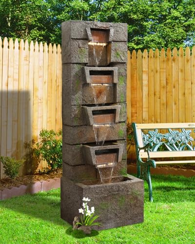 41.1" Water Fountain Outdoor Floor-Standing Garden Fountain Modern Waterfall Fountain with LED Lights 4 Tier Rock Fountain for Porch, Patio, Garden, Backyard