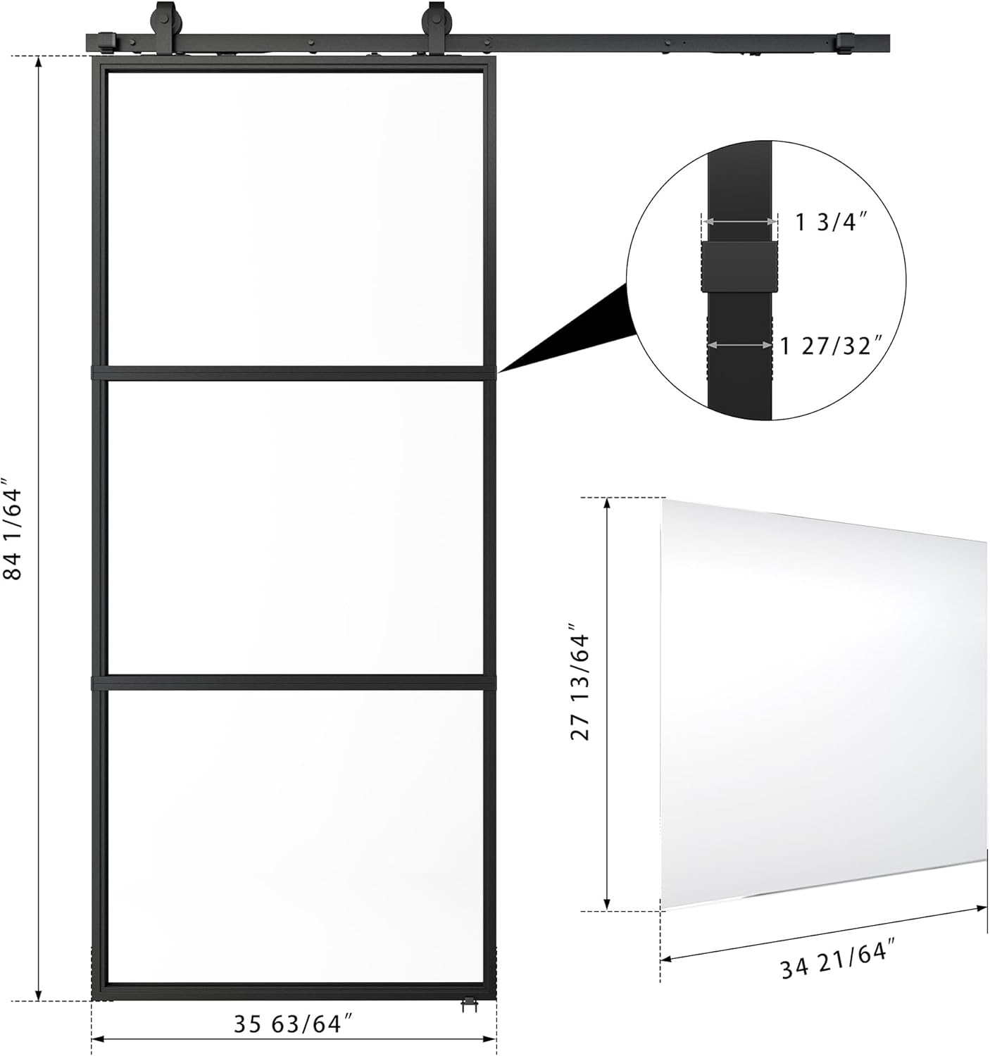 JUBEST 36in x 84in Glass Barn Door, Clear Tempered Glass Carbon Steel Pre Drilled Frame Sliding Barn Door Panel with 6FT Hardware Kit and Soft Close