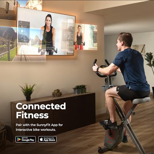 Sunny Health & Fitness Foldable Magnetic Exercise X-Bike Pro, Digital Monitor, Pulse Sensor, Low-Impact, Magnetic Resistance, Ergonomic Support, SunnyFit® App Enhanced Bluetooth Connectivity