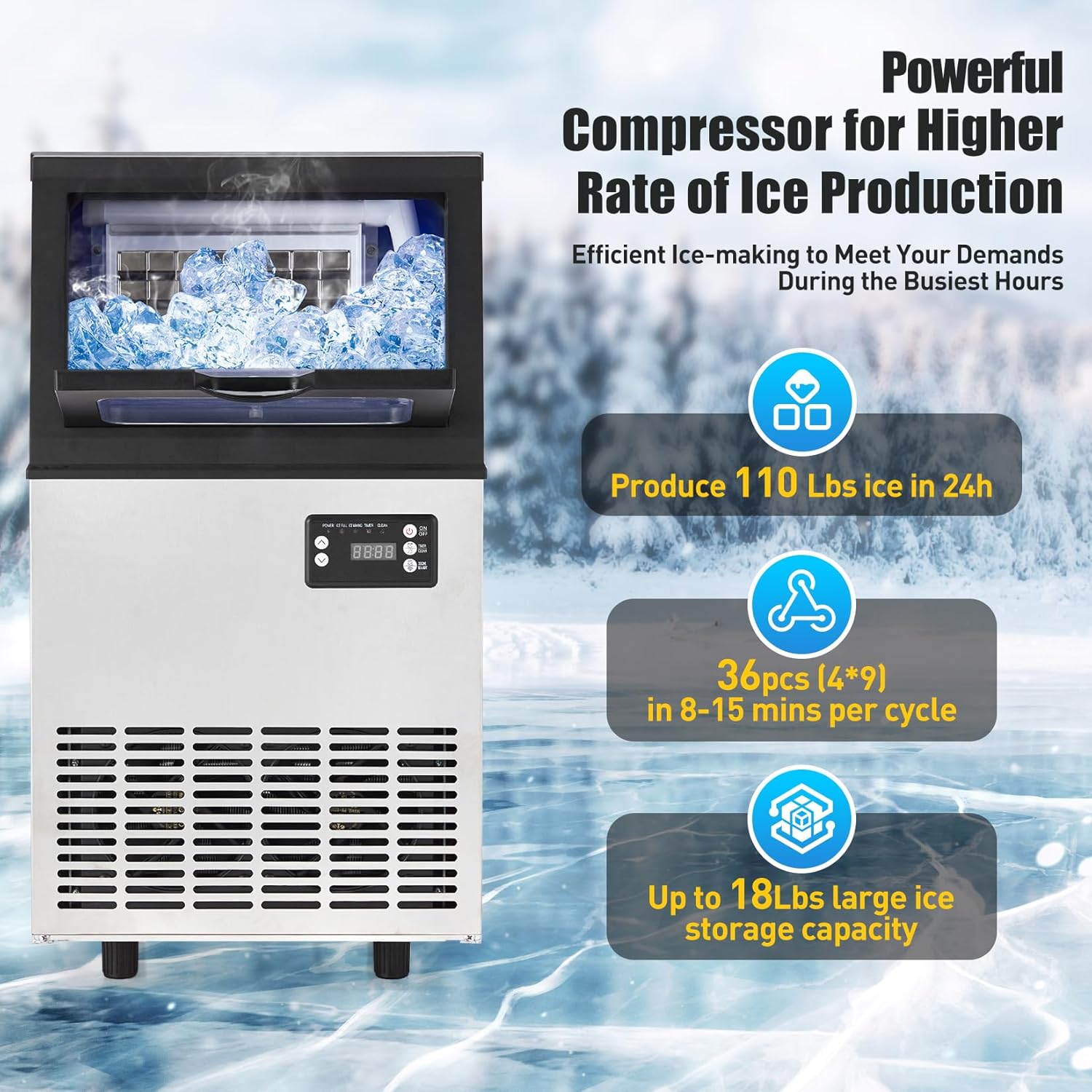 Commercial Ice Maker Machine, 110LBS/24H with 18LBS Bin Stainless Steel Automatic Operation Commercial Ice Machine for Home Bar, Include Water Filter, Scoop, Connection Hose