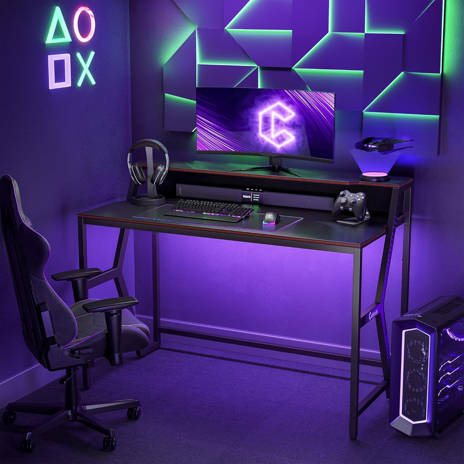 CubiCubi Carrier Gaming Desk 47 inch Gamer Workstation, Home Computer Carbon Fiber Surface Gaming Desk PC Table with Monitor Stand