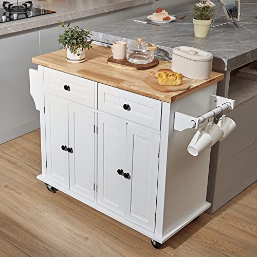 VEVOR Kitchen Island Cart with Solid Wood Top, 35.4" Width Mobile Carts with Storage Cabinet, Rolling Kitchen Table with Spice Rack, Towel Rack, and Drawer, Portable Islands on Wheels, White