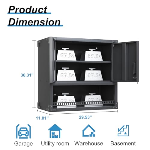 Garage Storage Cabinet Wall Cabinet with 2 Doors,Lockable Tool Cabinets Wall Mounted with Adjustale Shelves,Heavy Duty Steel Hanging Cabinets for Warehouse Kitchen Laundry,Assembly Required