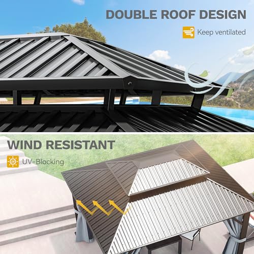 DWVO 10x12ft Hardtop Gazebo Double Roof with Nettings and Curtains, Heavy Duty Galvanized Steel Outdoor Vertical Stripes Roof for Patio, Backyard, Deck, Lawns, Brown