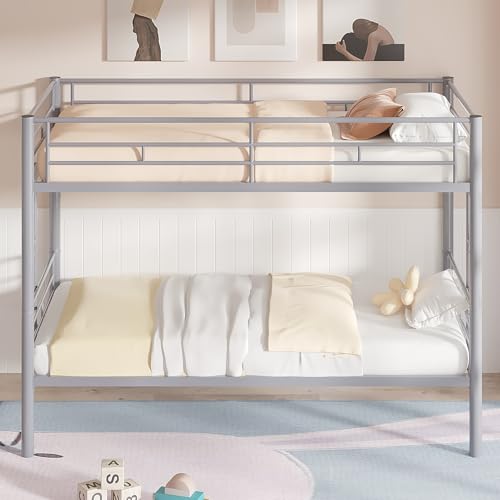 VECELO Metal Loft Bed Twin Size, Heavy Duty Bedframe with Removable Ladder and Safety Guardrail, Space-Saving, Noise Free, No Box Spring Needed, Off White