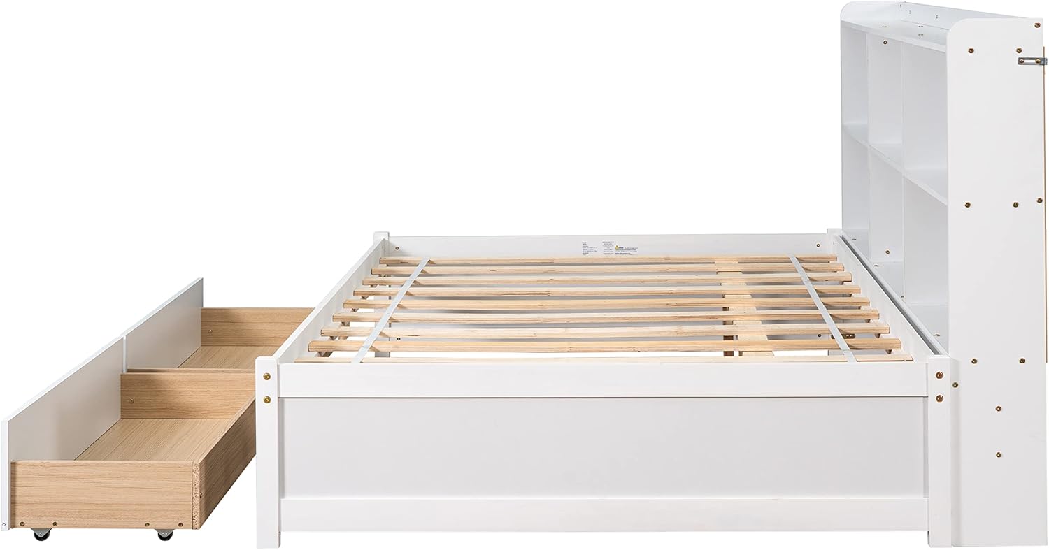Harper & Bright Designs Full Size Daybed with Storage Bookcase and 2 Drawers, Wood Full Platform Bed with Sideboard, Full Sofa Bed Frame for Bedroom, Living Room (Full, White)