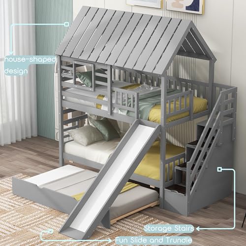 MERITLINE House Bunk Beds Twin Over Twin with Slide, Twin Bunk Bed with Storage Stairs and Trundle, Wood Kids Bunk Bed with Roof and Window Design for Girls, Boys,White