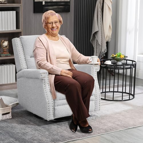 Wingback Swivel Recliner Chair, Mid Century Modern Push Back Accent Armchair, Upholstered Boucle Reclining Lounge Chair, Comfy Single Sofa Chair for Living Room, Bedroom, , Office, Nursery (Beige)