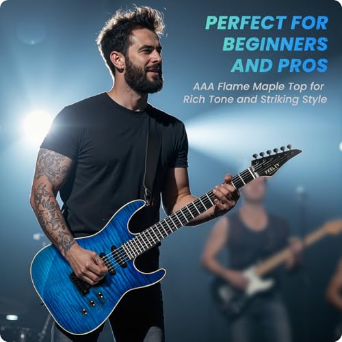 39" Solid Body Electric Guitar: Electric Guitar Kit with Bone Nut, Full Size 6 String Guitars with 24 Frets, Poplar Body AAA Flame Maple Top, Guitarra Electrica with HSS Ceramic Pickup,Black