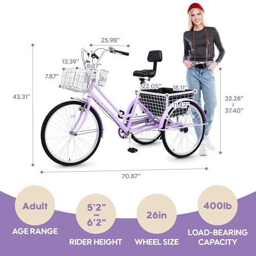 26 Inch Tricycle for Adults, 7 Speed Beach Cruiser Bike Adult Tricycles for Women Men, 3 Wheel Bikes for Adults Large Seat with Backrest, Three Wheel Bikes with Front & Rear Baskets