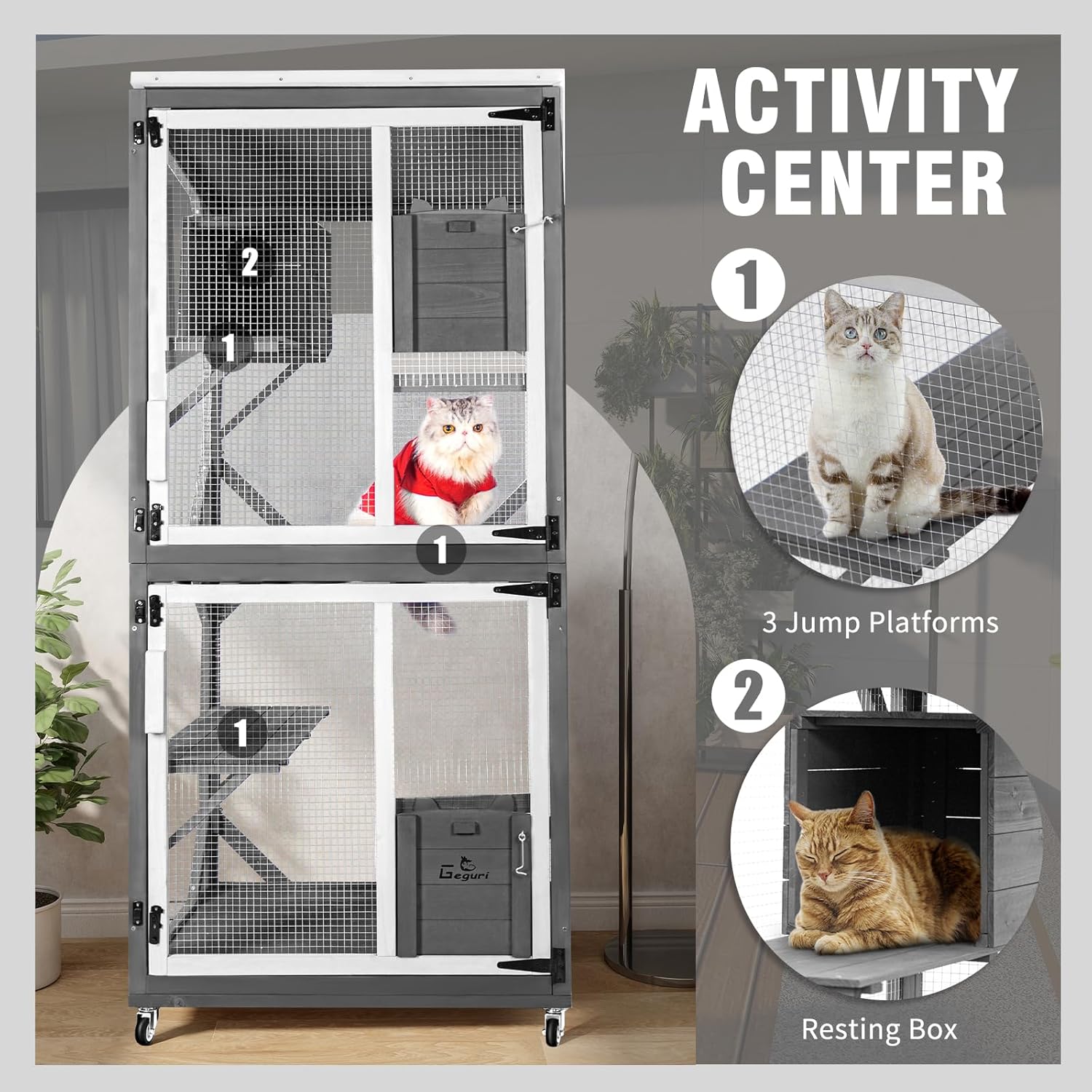 GEGURI Large Cat House Outdoor Catio Enclosure, Indoor Wooden Kitten Cage with Upgraded Resting Box, Waterproof Roof
