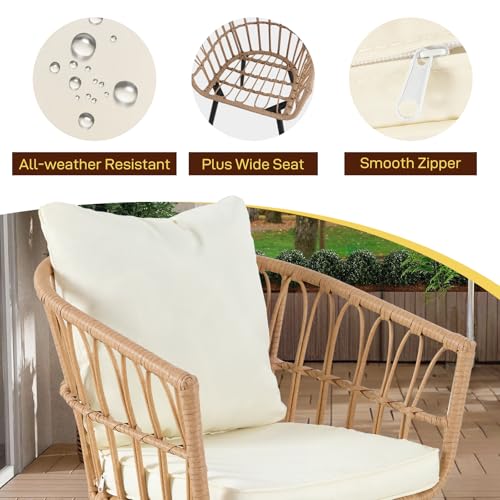 3 Pieces Patio Bistro Set, Outdoor Wicker Table and Chairs Set of 2, Rattan Balcony Furniture Set with Cushions for Front Porch Apartment Backyard Deck,Beige