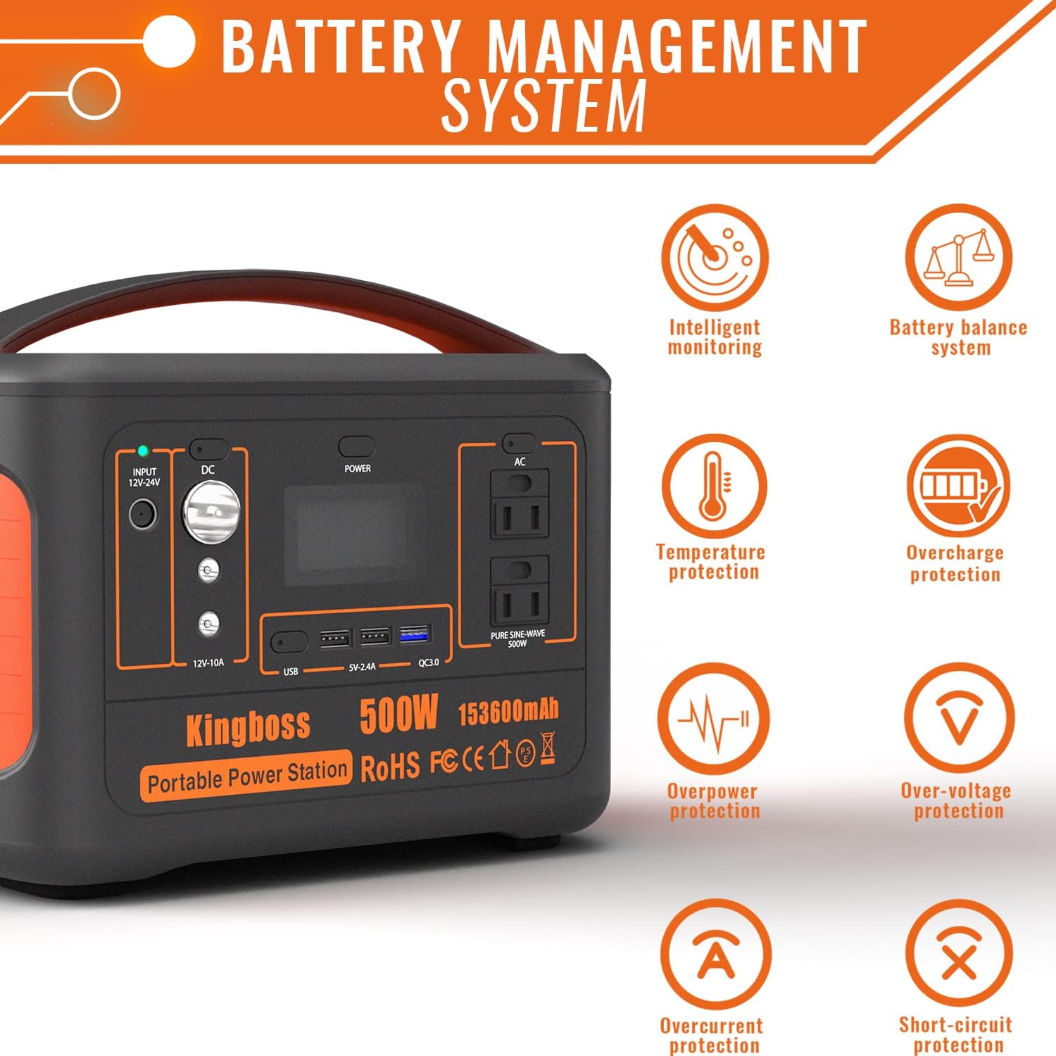 Portable Power Station 500W Kingboss, 568WH 153600mAh Outdoor Solar Generator Backup Lithium Battery with 110V/500W (Peak 1000W) AC Outlet, 2* DC, Carport, 2*USB-C, QC USB 3.0 for Camping, Powerbank