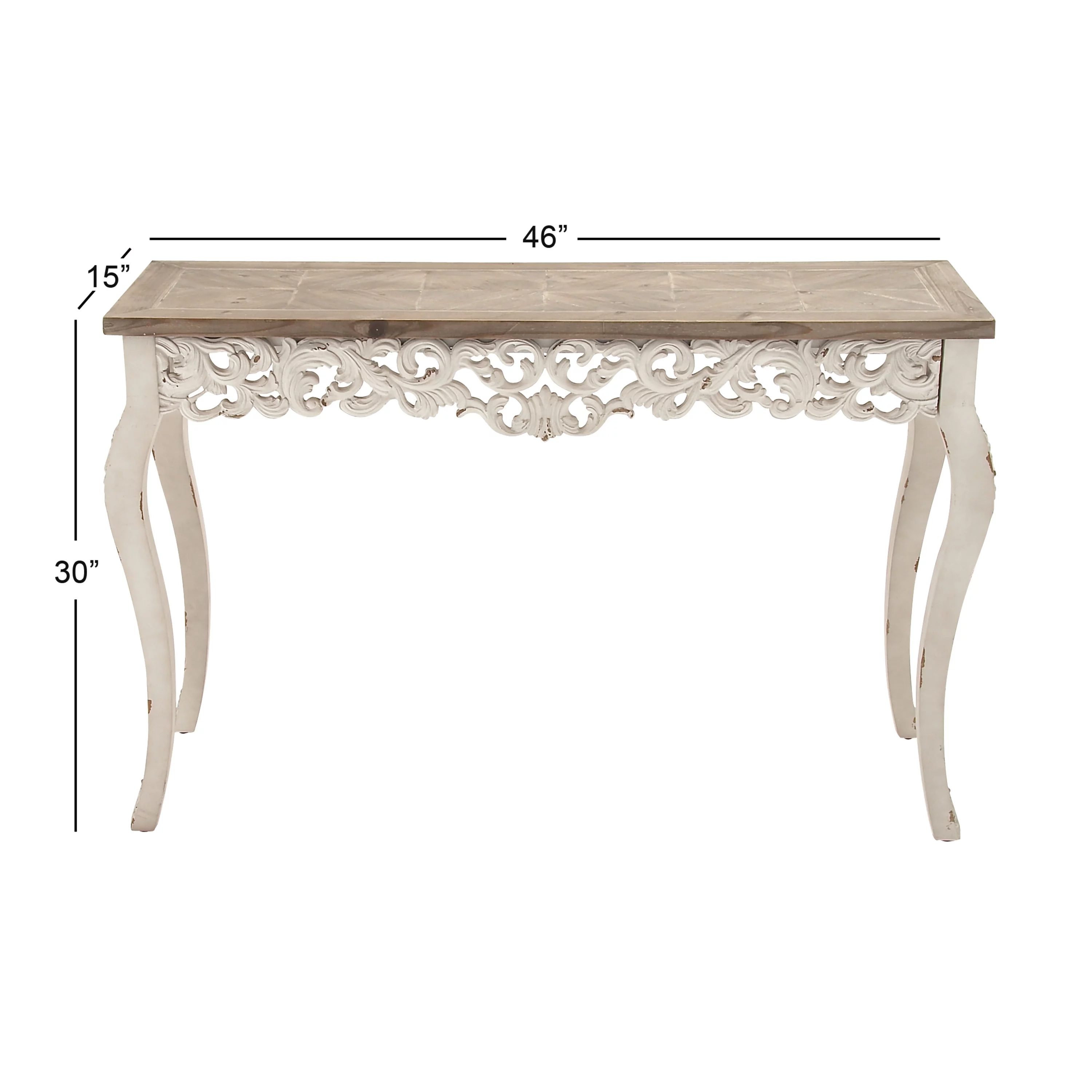 DecMode 46" x 30" White Wood Intricately Carved Floral Console Table with Brown Wood Top, 1-Piece