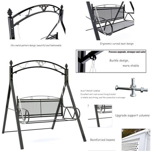 Black,PARTSUN Upgraded Metal Patio Porch Swing with A-Frame Stand Heavy Duty Metal Hanging Porch Swing Chair Patio Hanging Bench Swing with Adjustable Chains for Garden, Balcony, Living Room