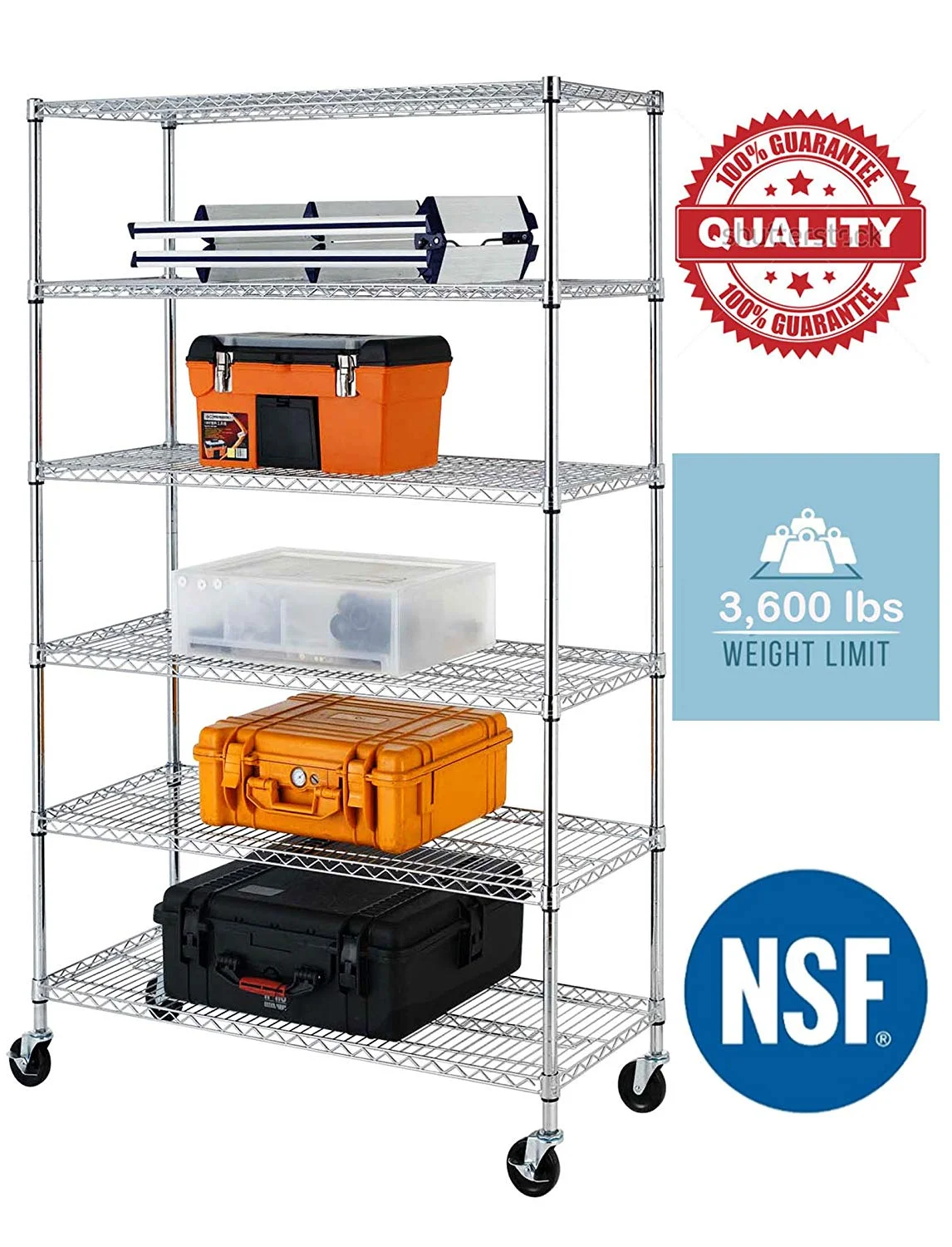 NSF Wire Shelving Unit Heavy Duty Garage Storage Shelves Large Black Metal Shelf Organizer 6-Tier Height Adjustable Commercial Grade Storage Rack 6000 LBS Capacity on 4" casters,18" D x 48" W x 76" H