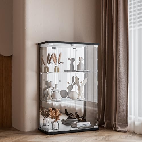 Glass Display Cabinet, 4-Shelf 3 Doors with Mirror & Lock, Tempered Glass Curio Display Cabinet Standing Glass Bookshelf Showcase for Bedroom, Living Room, Black