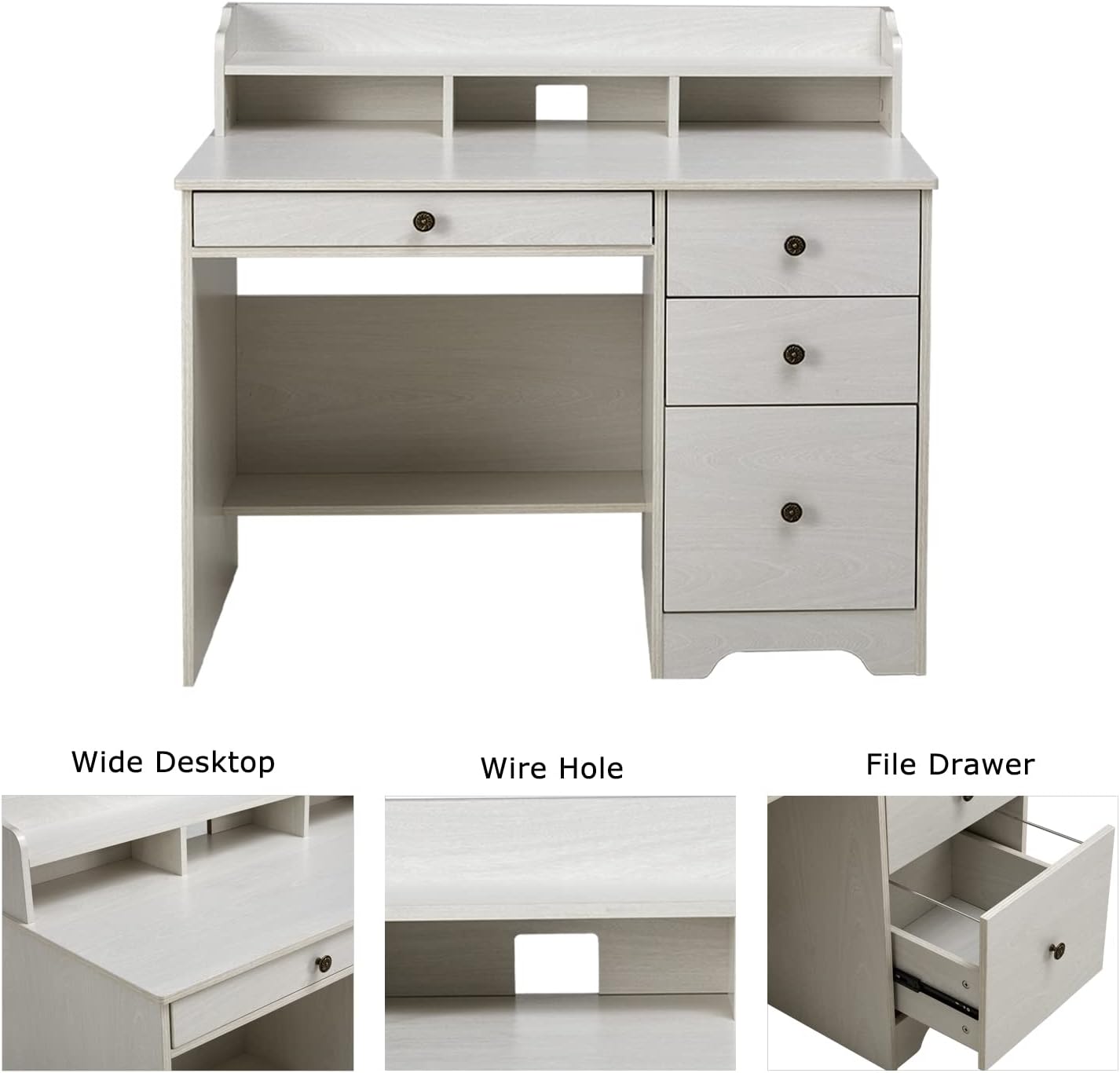 Computer Desk with 4 Storage Drawers and Hutch Shelf, Wood Frame Home Office Desk with Wide Tabletop, Industrial Vintage Style Executive Desk Writing Study Table PC Desk, Oak White