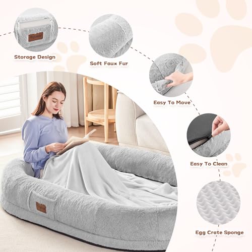 Human Dog Bed for People Adults, Giant Foldable Bean Bag Bed with Blanket, Washable Faux Fur Nap Floor Bed Adult for People, Pets Removable Large Memory Foam Human Sized Dog Bed Black