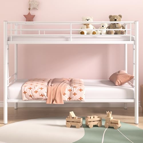 VECELO Metal Loft Bed Twin Size, Heavy Duty Bedframe with Removable Ladder and Safety Guardrail, Space-Saving, Noise Free, No Box Spring Needed, Off White