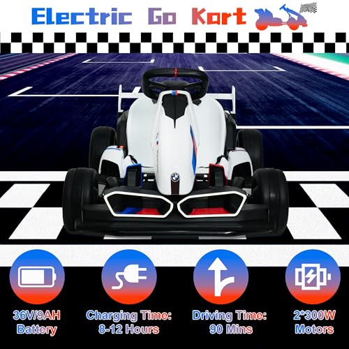 Licensed BMW Electric Go Kart for Kids Ages 6-12, 24V 9AH Drift Kart with Two 200W Motors, LED Lights, Drift Mode& 2 Speed Modes, Adjustable Seat (White)