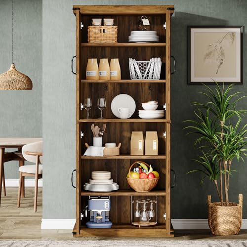 Tribesigns 71" Tall Kitchen Pantry, Farmhouse Storage Cabinet with Barn Doors and Adjustable Shelves, Rustic Wooden Cupboard for Kitchen, Dining Room, Brown