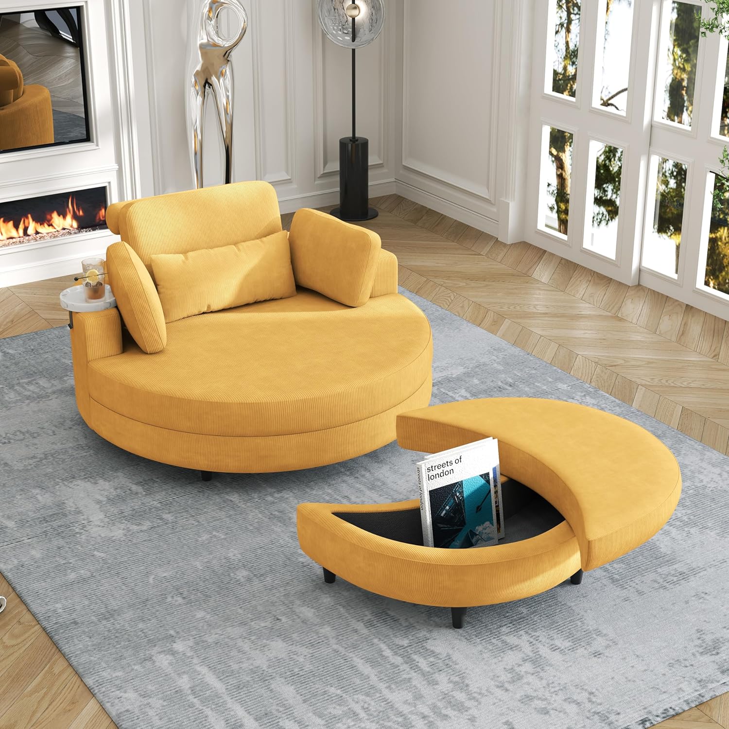 Oversized Accent Barrel Chair Soft Corduroy Upholstery Round Leisure Armchair w/Adjustable Headrest,4 Pillows,Storage Ottoman & Removable Tray for Home Apartment Living Room Hotel Lobby