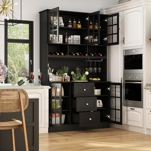 Homsee Modern Kitchen Pantry with Glass Doors, Drawers & Adjustable Shelves, Freestanding Wood Cupboard Storage Cabinet with Cup Holder for Living Room, White (47.2”W x 16.3”D x 78.9”H)