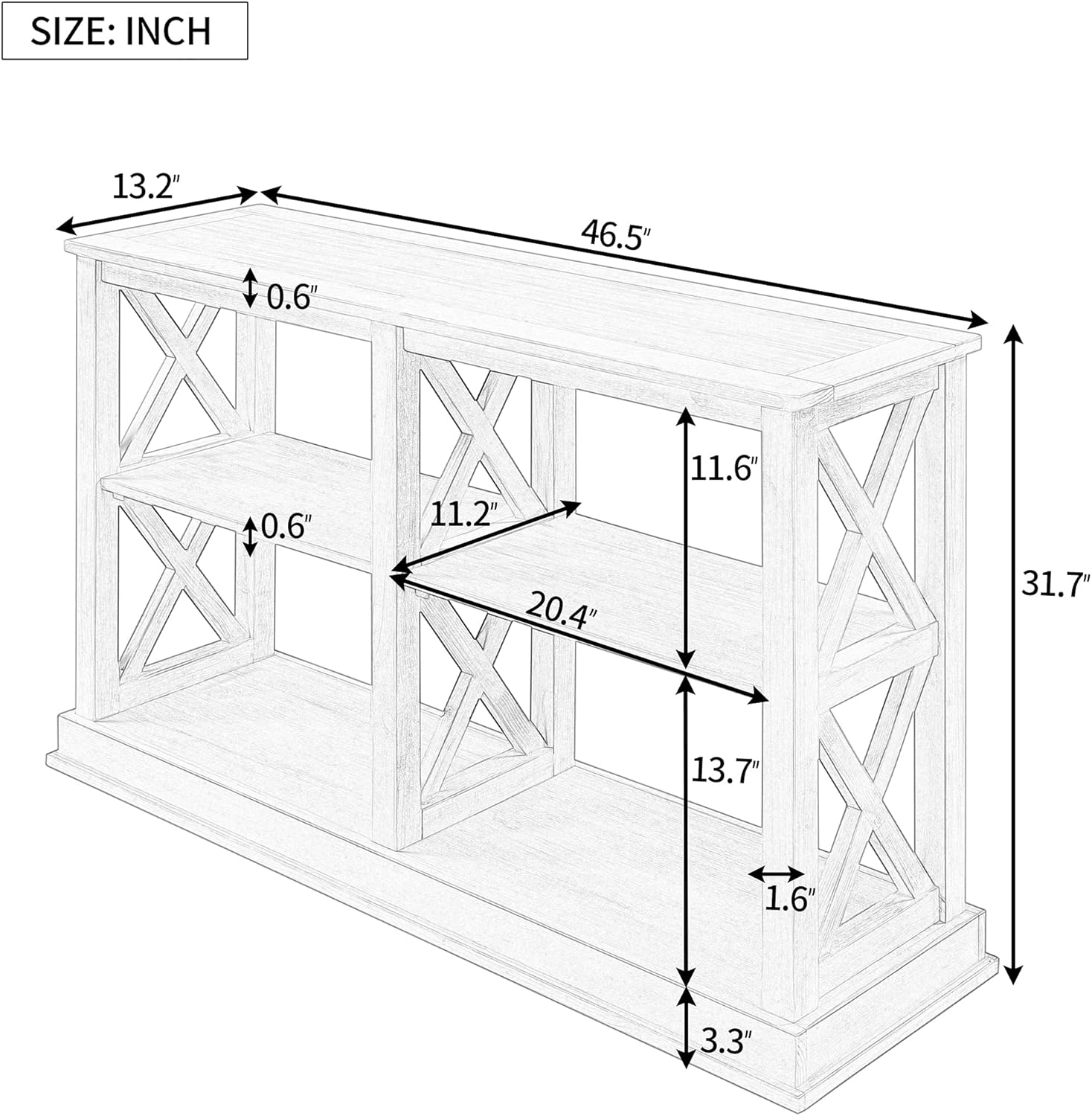 Console Table with 3-Tier Open Storage Spaces and “X” Legs, Narrow Sofa Entry Table for Living Room, Entryway and Hallway (White Wash)