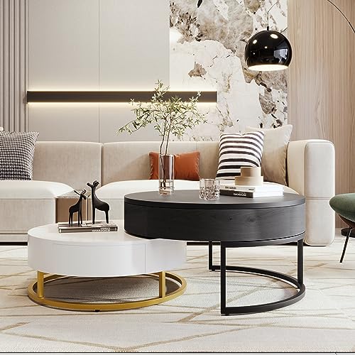 Modern Round Lift-top Nesting Coffee Tables with 2 Drawers for Living Room White & Natural