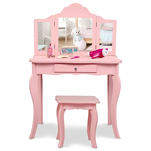 HONEY JOY Kids Vanity Set with Mirror, 2-in-1 Wooden Toddler Vanity Table with Stool, Tri-Folding Mirror & Drawer, Removable Top, Princess Pretend Play Beauty Makeup Vanity for Little Girls (White)