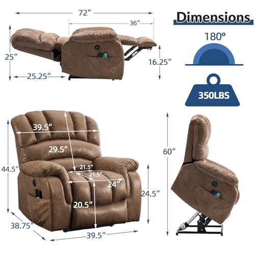 Large Dual OKIN Motor Power Lift Recliner Chair for Elderly Heated Massage Lay Flat Sleeper Electric Recliner Overstuffed Wide Recliners, Infinite Position, Side Pockets & USB Ports, Gray